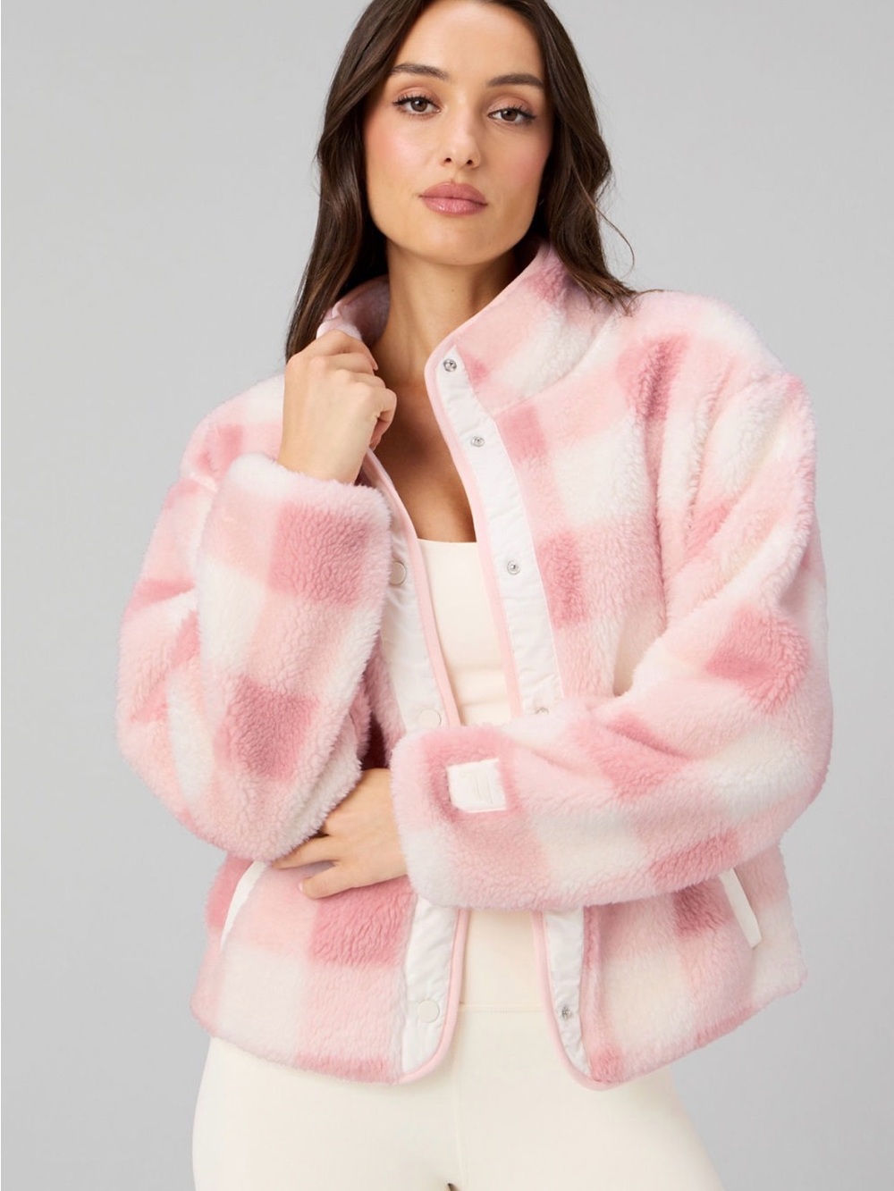 Fabletics Pink & White Plush Plaid Teddy Jacket